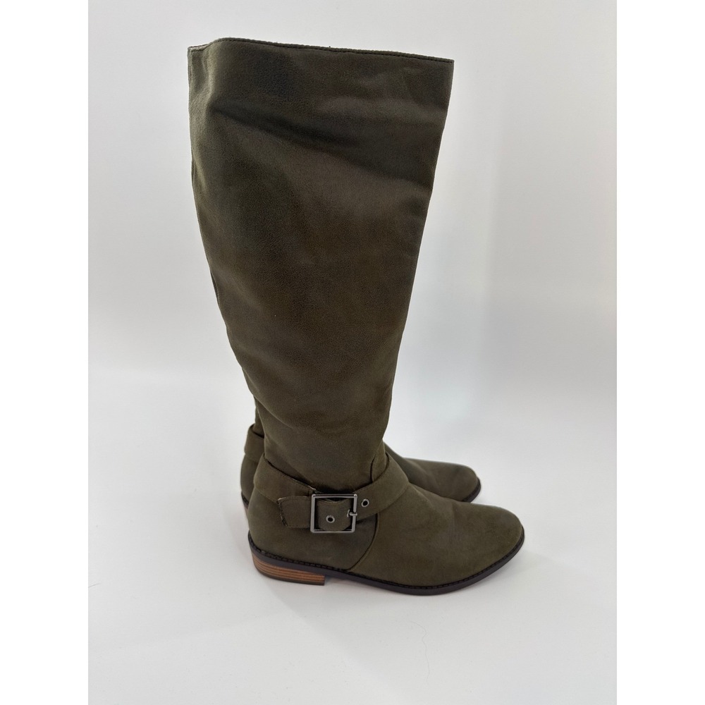 Journee Women's Olive Green Knee High Boots Buckle Side Zip Faux Suede Size 7.5